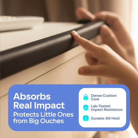 No Sweat Heavy Duty Edge Protector For Baby Proofing Main Home With Grip Tight 3M Tape And Waterproof Non Toxic Foam Padding For Sharp Furniture Corners Rugged Toddler Safe Wall Edge Wrap In Rich Black close-up showing dense black foam padding on furniture edge.
