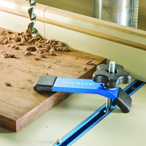T Track Hold Down Clamp 5-1/2 Inch Long For Workbenches, Jigs, And Machine Tables, Drill Press Clamp with track in use