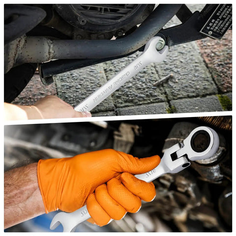 Using a One Quarter Inch Flex Head Ratcheting Wrench With Open End and Box End, 72 Tooth, for car repair and engineering work.