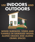 Graphic for Powerful Termite Killing Foam For Indoor And Outdoor Use 16 Ounces, highlighting use on wood surfaces and voids.