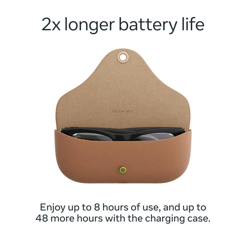 Gen 2 Headliner Smart AI Glasses With 3K Ultra HD Video in leather charging case showcasing two times battery life.