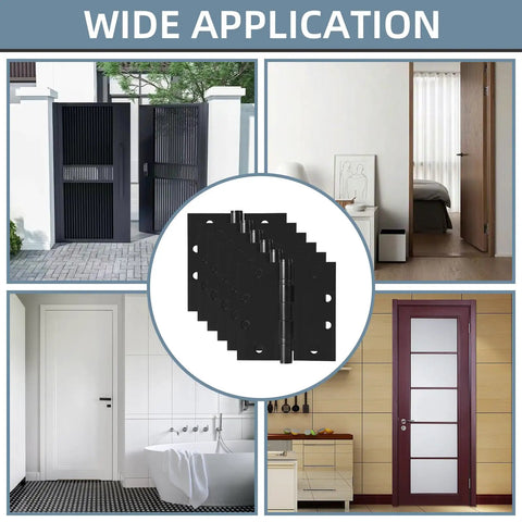 Heavy Duty 4 Point 5 Inch Ball Bearing Door Hinges With Square Corners Matte Black Finish Six Pack displayed on various doors.