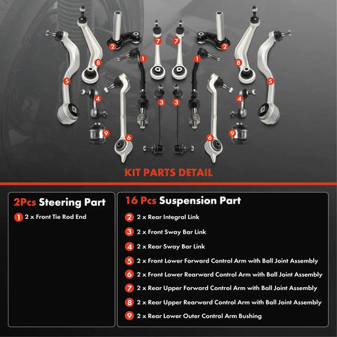 18Pc Suspension Steering Kit For Bmw E39 525i 528i 530i includes control arms, tie rods, and bushings in detailed part layout.