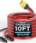 Coiled 10 Foot MC4 To XT60 Solar Charge Cable With 12AWG Pure Copper Conductors And Waterproof Connectors visible on label.