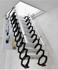 Electric Pull Down Attic Ladder Built Tough With Premium Carbon Steel smooth scissor action deployed through ceiling opening.