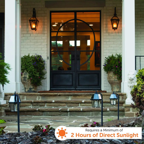 Black Solar Garden Light With Shepherd Hook Outdoor Pathway Lamp Resin Acrylic Body And Cast Aluminum Post 21 Inch Tall Bright 80 Lumens Weatherproof And No Fuss Setup For Walkways Gardens And Yard Decor in front of house entrance.