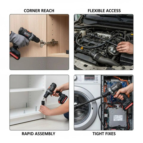 Right Angle Drill Attachment 6-Piece Set With Black 105° Adapter, 360 Flexible Shaft And L-Wrench, Impact Grade Chrome Vanadium Sockets For Tough Jobs In Tight Spots used in corners and tight fixes