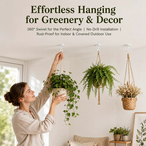 360 Degree Swivel Adhesive Wall And Ceiling Hooks, Heavy Duty No Drill Hanging Clips holding potted plants indoors.