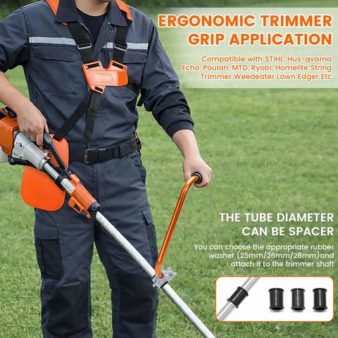 Person using Ergonomic Back Saver Handle Extension With Double Shoulder Strap Harness For Stihl Husqvarna Echo Ryobi Troy Bilt And Other Major String Trimmers Adjustable Washer Sizes 25mm 26mm 28mm For A Custom Fit All Day Comfort
