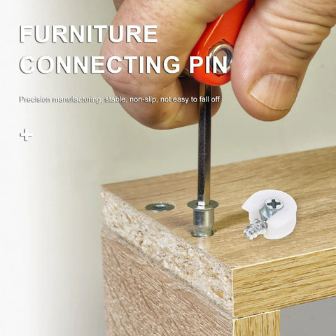 White Furniture Shelf Support Pegs Cam Lock Fasteners With Cabinet Connectors For Hidden Shelf Brackets And Wardrobe Panel Assembly 30 Piece Set being installed with a screwdriver.