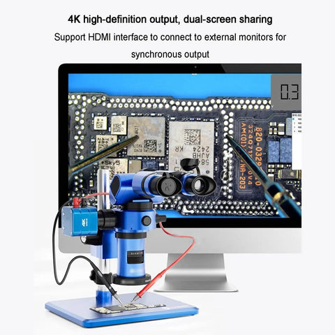 4K 1080P Digital Microscope Camera With HDMI And USB Outputs, showing circuit board details on PC monitor for PCB CPU repair soldering