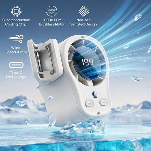 Car Clip On Fan With LED Display for Auto Cabin Cooling 360 Degree Rotation featuring 199 speed settings amidst icy backdrop.