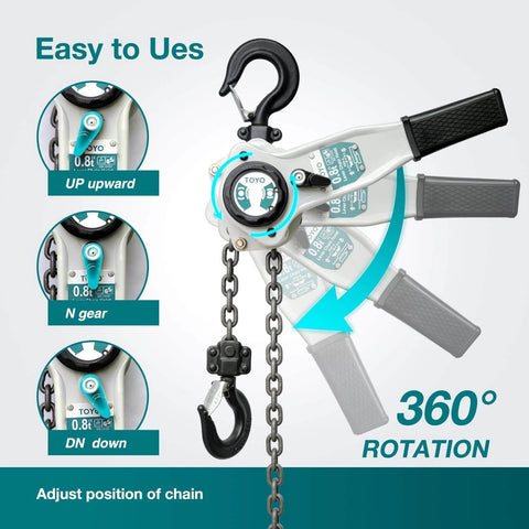 Lever Chain Hoist 1750 Lb 10 Ft Come Along Ratchet Hoist Alloy Steel G80 Chain with rotation demonstration and usage modes