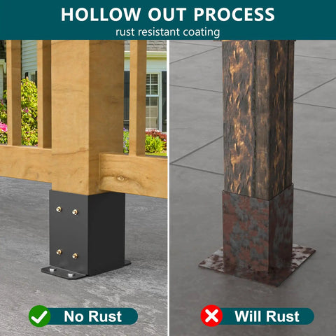 Built Tough 4x4 Post Base Set Four Metal Black Deck Post Anchors showing rust-resistant black base vs rusty alternative base.