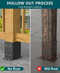 Comparison of rust-resistant powder-coated matte black beefy 4x4 post base with untreated rusted post base, highlighting durability.