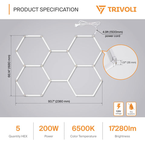 Five Grid Hexagon LED Garage Light System 200W 17280 Lumen Daylight 6500K Hella Bright layout dimensions