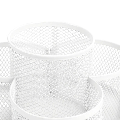 Close-up of white metal compartments on a 360 Degree Rotating Pencil Holder Made From Sturdy Metal A Round Desk Organizer For Office Home Or School With Room For Pens Pencils Markers Brushes And Small Cosmetic Tools White Finish Your Go To Desk Organizer