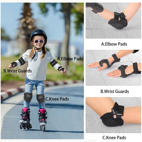 Kid Friendly Knee Pads Elbow Pads And Wrist Guards Protective Gear Set With Thick Double Layer Padding for ages 3 to 14, girl skating