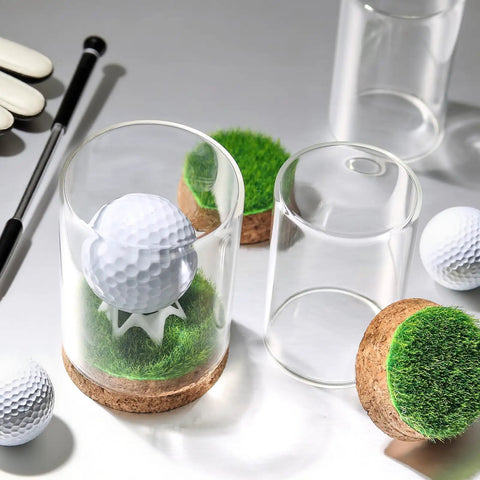 Hole In One Golf Ball Display Case With Crystal Clear Glass Stand, Premium Cork Base, Lifelike Turf, And Plastic Tee shown