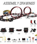 Assembly diagram of Totally Electric Slot Car Race Track Set For Kids Dual Color Cars Loop Flyover Beginner Friendly Easy Assembly.