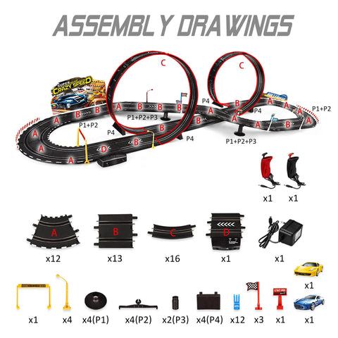 Assembly diagram of Totally Electric Slot Car Race Track Set For Kids Dual Color Cars Loop Flyover Beginner Friendly Easy Assembly.