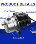 Half Horsepower Shallow Well Pump With 1200 GPH Flow, stainless steel jet pump details including 1-inch NPT inlet and outlet.