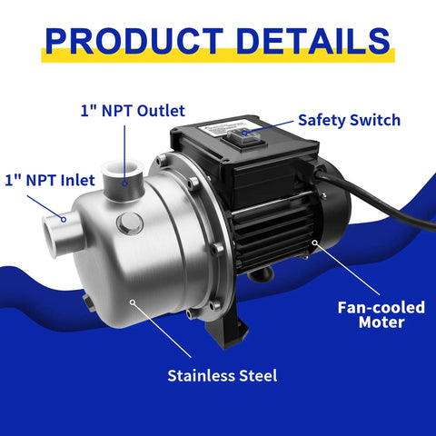 Half Horsepower Shallow Well Pump With 1200 GPH Flow, stainless steel jet pump details including 1-inch NPT inlet and outlet.