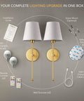 Modern Wireless Wall Sconces Set Of Two with installation guide, LED bulbs, remote controls, and mounting options.