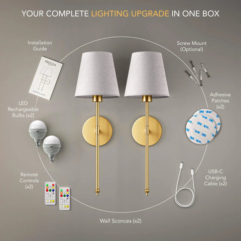 Modern Wireless Wall Sconces Set Of Two with installation guide, LED bulbs, remote controls, and mounting options.
