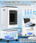 Portable evaporative cooler with remote and timer, 60W, showing 2.5-gallon tank and ice packs, suitable for bedrooms and garages.