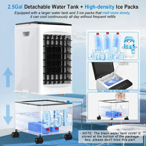 Portable evaporative cooler with remote and timer, 60W, showing 2.5-gallon tank and ice packs, suitable for bedrooms and garages.