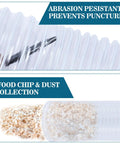 Close-up of 3 Inch 30 Ft PVC Dust Collection Hose with text showing abrasion resistance and wood chip collection.