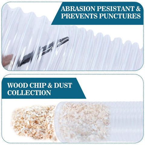 Close-up of 3 Inch 30 Ft PVC Dust Collection Hose with text showing abrasion resistance and wood chip collection.