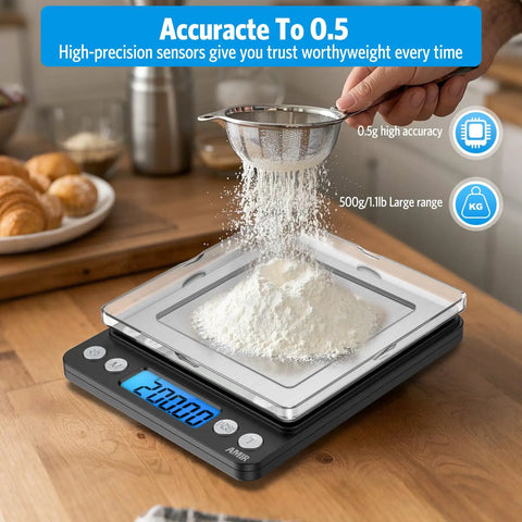 Pocket Digital Kitchen Scale For Jewelry And Cooking, 500g Capacity With 0.01g Precision, Black, weighing flour on kitchen counter