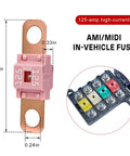 Three Piece Midi Fuse Assortment Featuring 125 Amp High Current Copper Plated Bolt On Battery Fuses For Cars Trucks And Heavy Gear With Hella Tough Road Ready Protection, pink 125A fuse, 1.6in size, used in auto circuits.