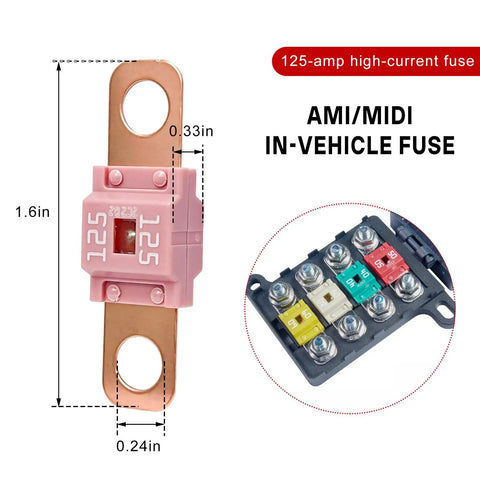 Three Piece Midi Fuse Assortment Featuring 125 Amp High Current Copper Plated Bolt On Battery Fuses For Cars Trucks And Heavy Gear With Hella Tough Road Ready Protection, pink 125A fuse, 1.6in size, used in auto circuits.
