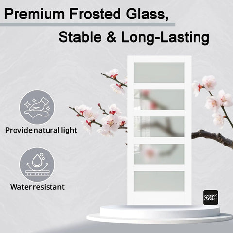 36X84 White Tempered Glass Sliding Barn Door With Complete Hardware Kit 6.6FT Rail Handle And Floor Guide showcased with frosted glass.