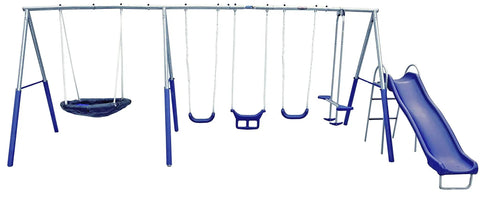 Backyard Play Set With 6 Foot Wave Slide, 6 Stations, And Room For Up To 8 Kids, Kid Friendly Design, Easy Assembly Galvanized Steel Swing Set