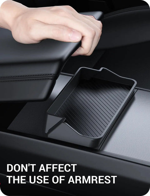 Tesla Model 3 And Model Y Center Console Sunglasses Holder And Armrest Storage Box, anti-slip design, shown open