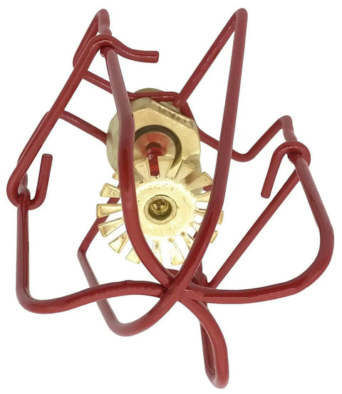 Red Metal Fire Sprinkler Head Guard Covers Tough As Nails Protection For Pendant Upright And Horizontal Heads 1/2 To 3/4 Inch Thread Pack Of Six Warehouse Impact Shields close-up view.