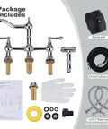 Package contents of 4 Hole Kitchen Faucet With Sprayer, 8 Inch Centerset Brass Bridge Kitchen Faucet, Chrome Finish, components shown