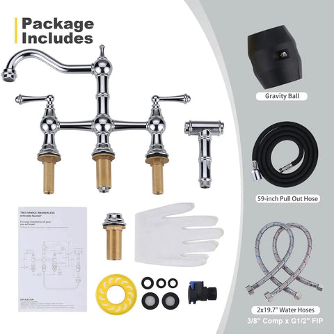 Package contents of 4 Hole Kitchen Faucet With Sprayer, 8 Inch Centerset Brass Bridge Kitchen Faucet, Chrome Finish, components shown