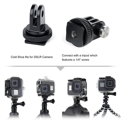 Close-up of cold shoe mounts and cameras used with Waterproof Housing For Hero 8 Black With 4 Pack Dive Filters 60m Depth Case