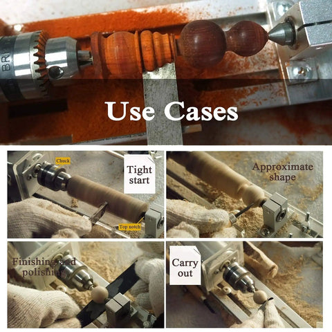 Super Handy 100W Mini Lathe For Woodworking And Bead Crafting Hella Portable in-use with wood piece and tools, showing precise shaping.