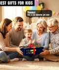 Family with child opening large toy gift box labeled 'Best Gifts for Kids' in festive party setting