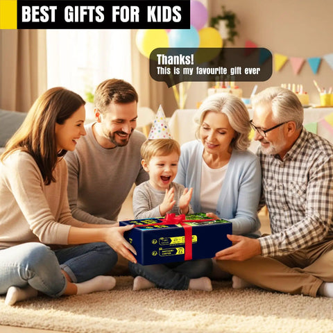 Family with child opening large toy gift box labeled 'Best Gifts for Kids' in festive party setting