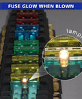 Smart Glow Mini Blade Auto Fuses Illuminated Indicator showing colorful fuses glowing red, green, and blue in a holder.