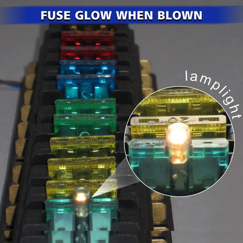 Smart Glow Mini Blade Auto Fuses Illuminated Indicator showing colorful fuses glowing red, green, and blue in a holder.