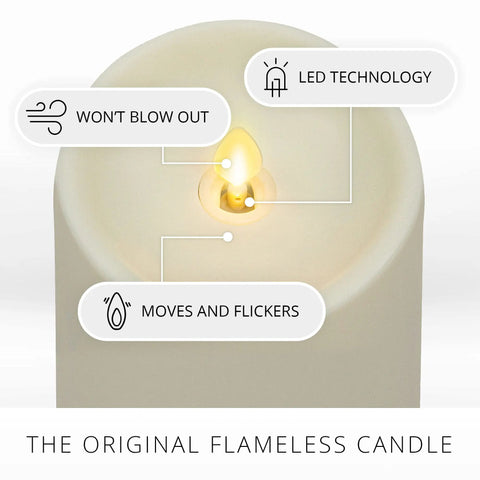 Outdoor Flameless Candle With Remote, Moving Flame Realistic LED Pillar Light, features LED technology and flickering flame.