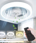Bladeless 20 Inch Ceiling Fan With Remote Control Lights in bedroom, showing 3 color temperatures and energy saving quiet operation.